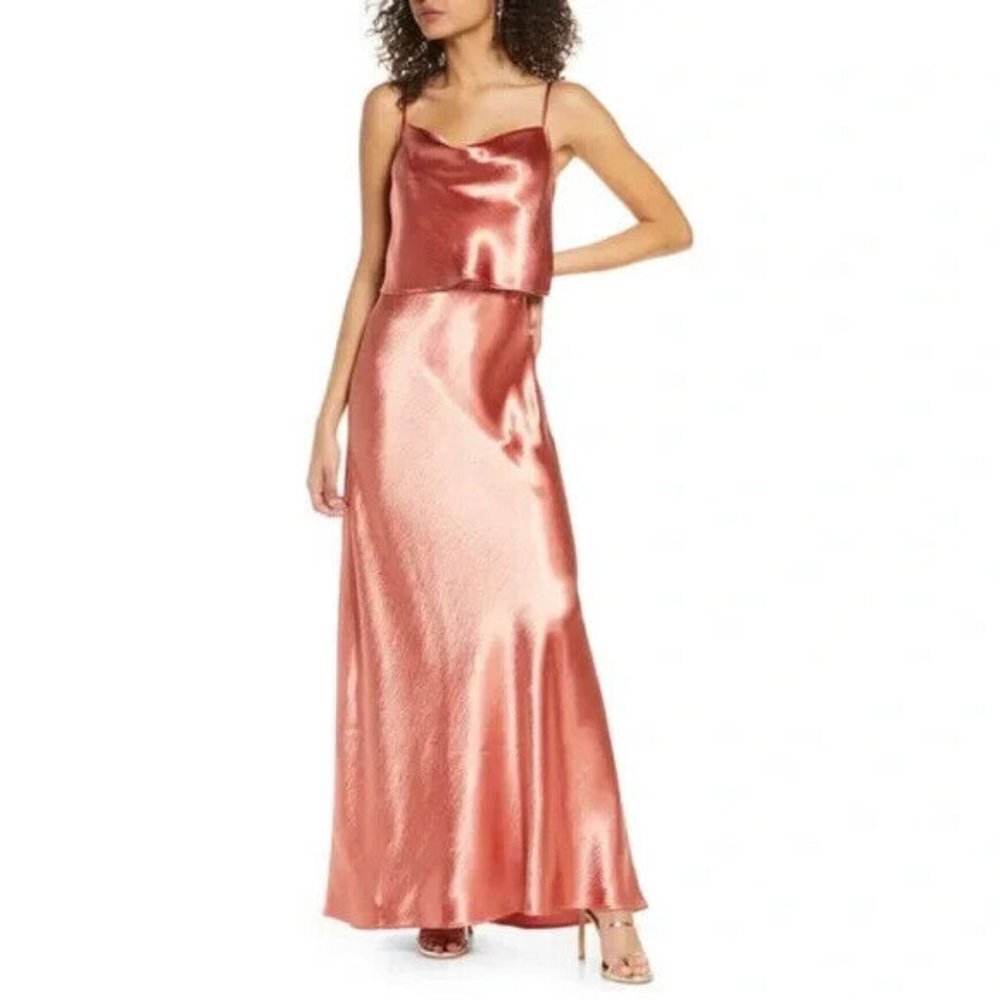 WAYF Satin Gown Coral Pink Maxi Dress Size Medium Narcissa Popover Cowl Neck M